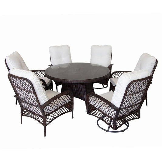 7 Piece Outdoor Dining Set, Wicker Patio Dining Table with Chairs Set, Soft Cushions, 53.1 inch Round Tempered Glass Top Table with Umbrella Hole, PE Rattan Furniture Sets - 2 Armchair + 4 Swivel Chair