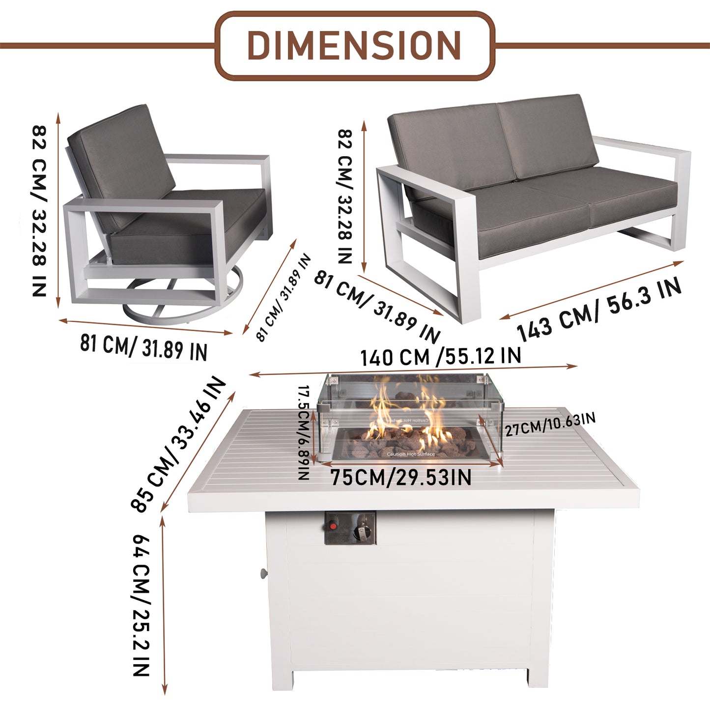 Aluminum Patio Furniture Set with 55.12‘’ Fire Pit Table