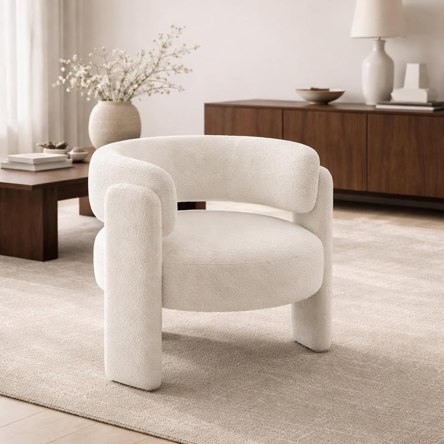 Barrel Accent Chair for Living Room, Upholstered Teddy Velvet Barrel Armchair