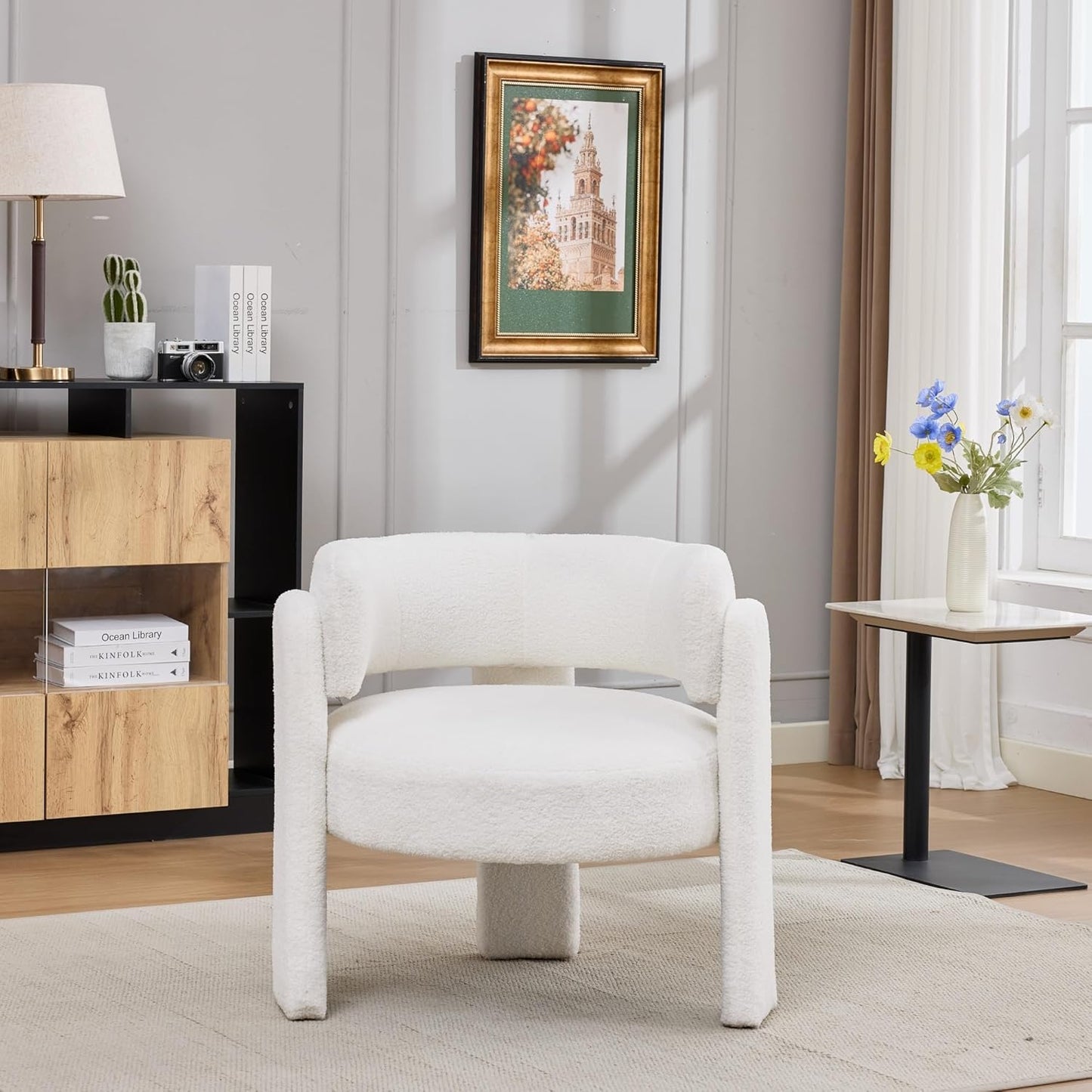 Barrel Accent Chair for Living Room, Upholstered Teddy Velvet Barrel Armchair