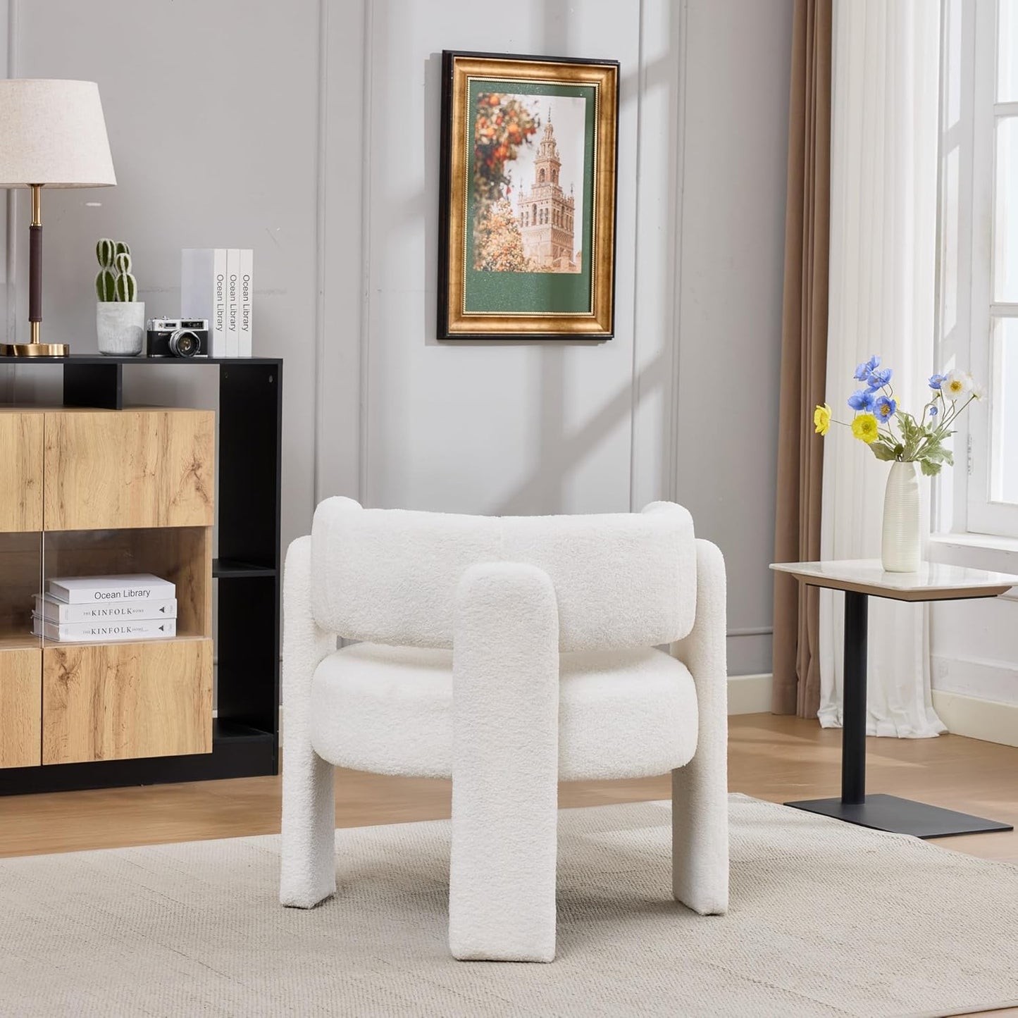 Barrel Accent Chair for Living Room, Upholstered Teddy Velvet Barrel Armchair