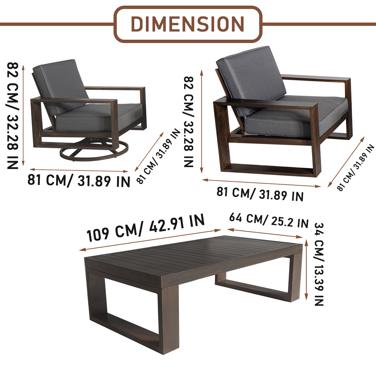 Aluminum Patio Furniture Set with Coffee Table - Gray